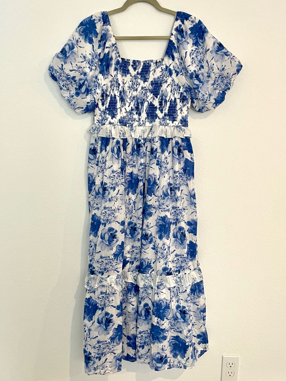 Anthropologie meadow Rhodes White and Blue Floral Maxi Dress